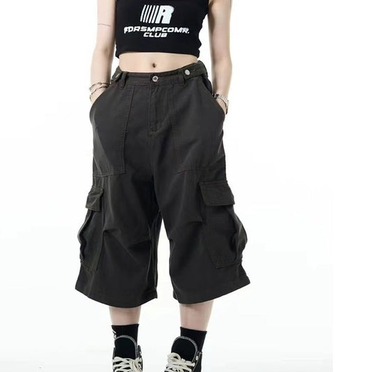 Khaki Wide Casual Shorts Workwear Three-dimensional Pocket