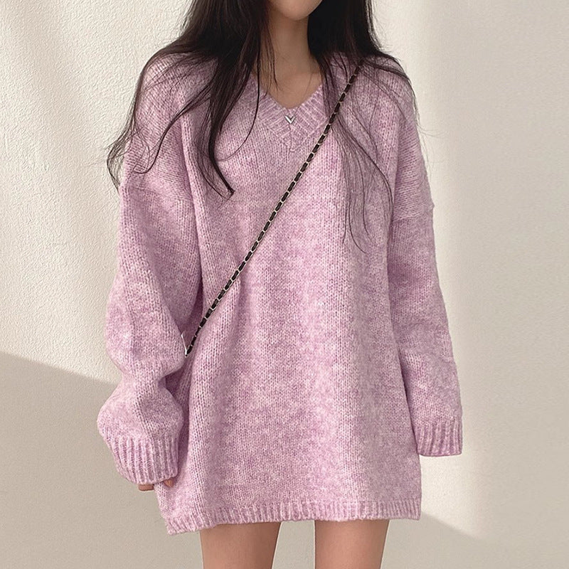 Wind V-neck Soft Glutinous Loose Small Knitted Dress Sweater