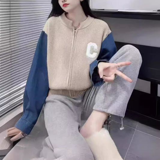 Women's Sweater Stitching Denim Autumnwinter Japanese And Korean New Loose Retro Style Coat