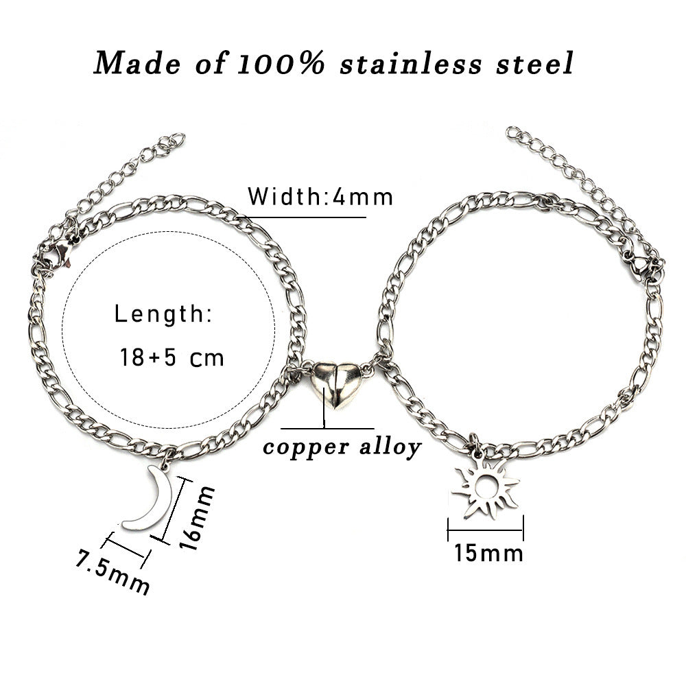 2Pcs Sun Moon Charm Magnet Attraction Stainless Steel Bracelets