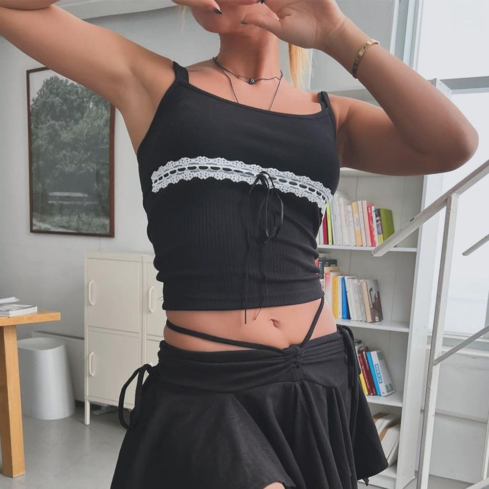 Color Contrast Patchwork Navel Lace-up European And American Strap Top
