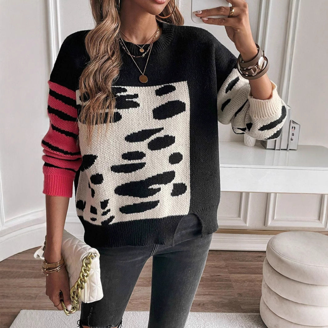 Threaded Round Neck Leopard Splicing Contrast Color Casual Sweater
