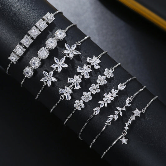 1pcs Fashionable Zircon Bracelet Silver Flower Leaf Drawstring Design Chain Inlaid Gold-plated Bracelet