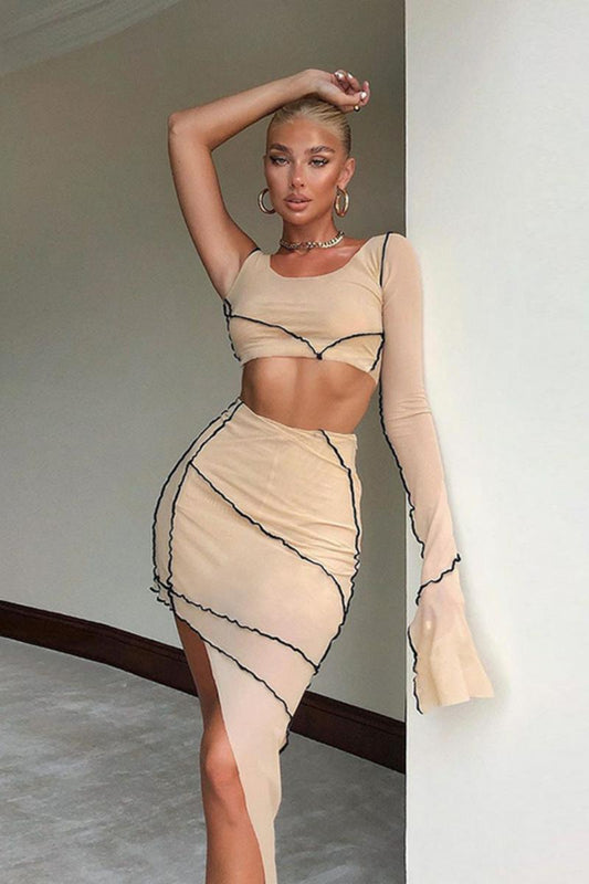 One-shoulder Mesh Cropped Irregular Skirt