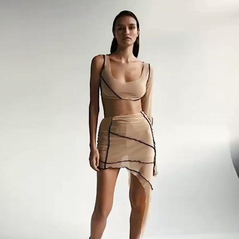 One-shoulder Mesh Cropped Irregular Skirt