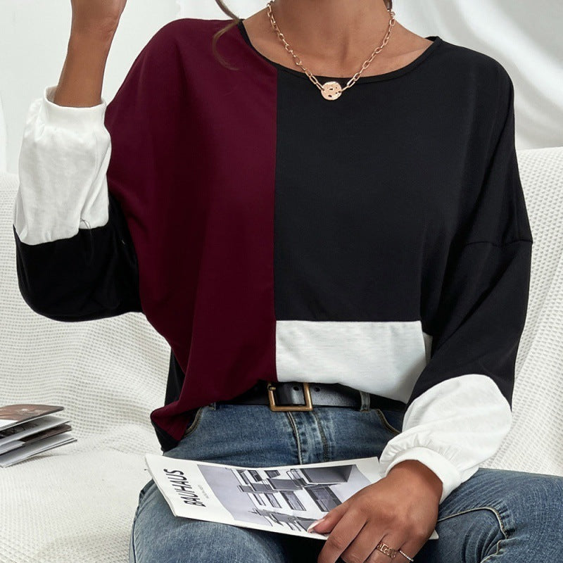 Casual Color Matching Round Neck Pullover Long Sleeve T-shirt