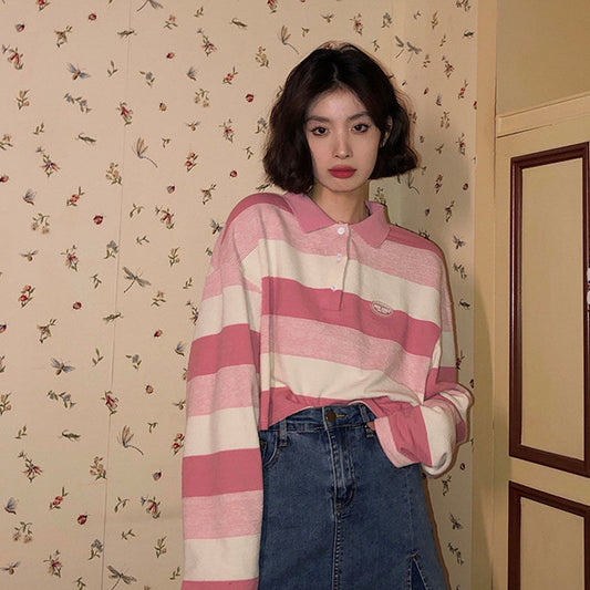 Striped Long-sleeved T-shirt For Women Loose Lapels