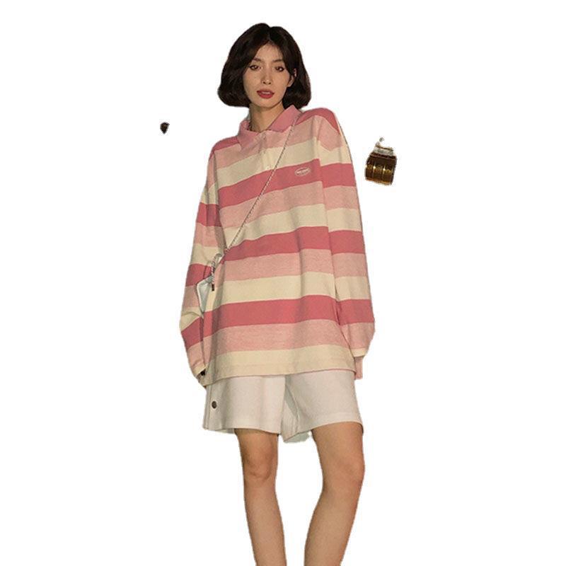 Striped Long-sleeved T-shirt For Women Loose Lapels