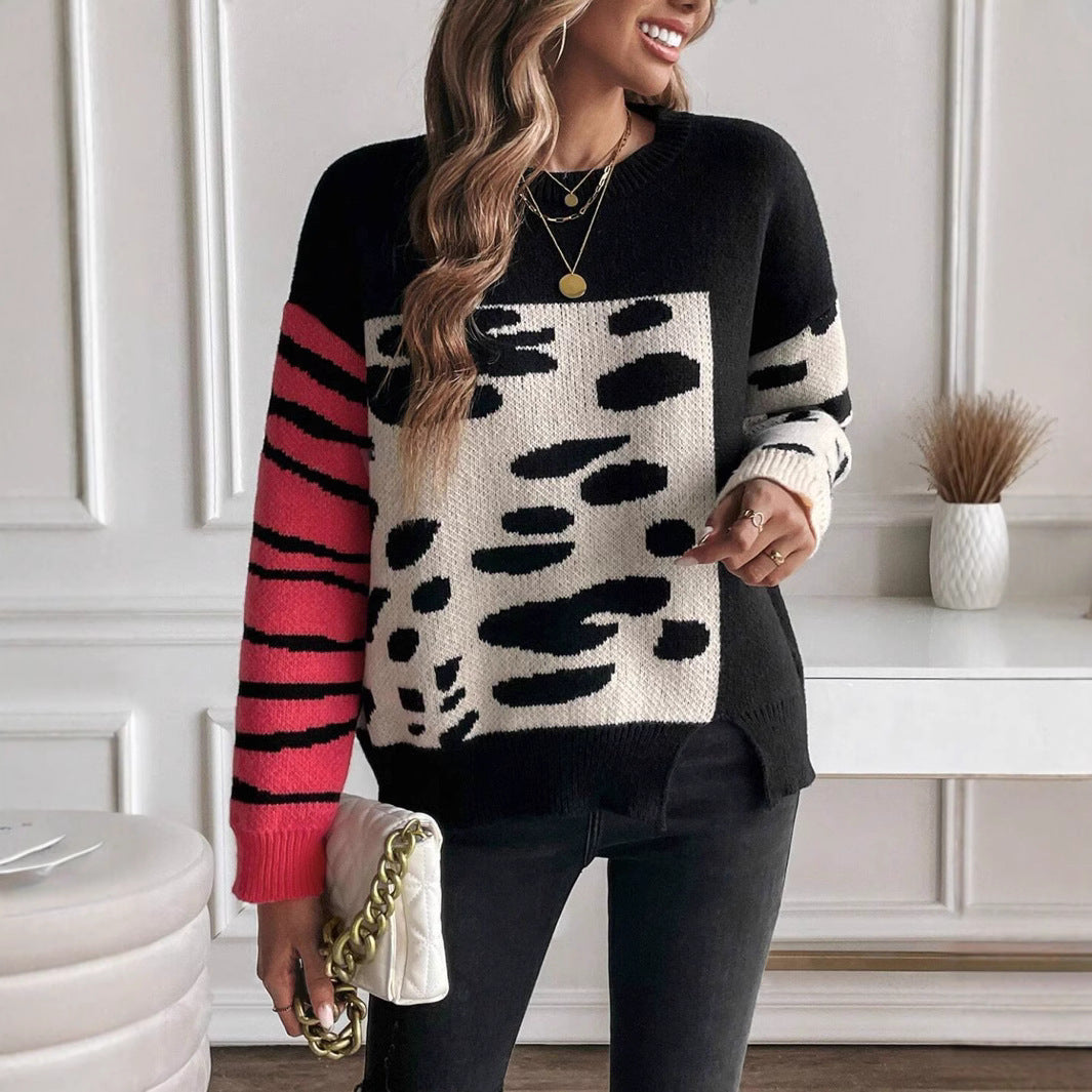 Threaded Round Neck Leopard Splicing Contrast Color Casual Sweater
