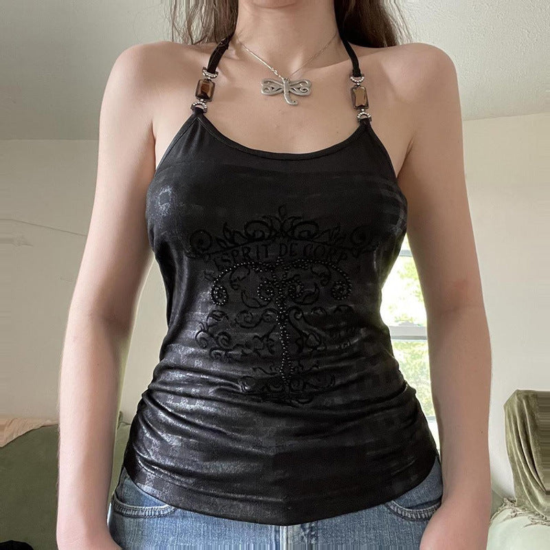 Rhinestone Letter Print Backless Top