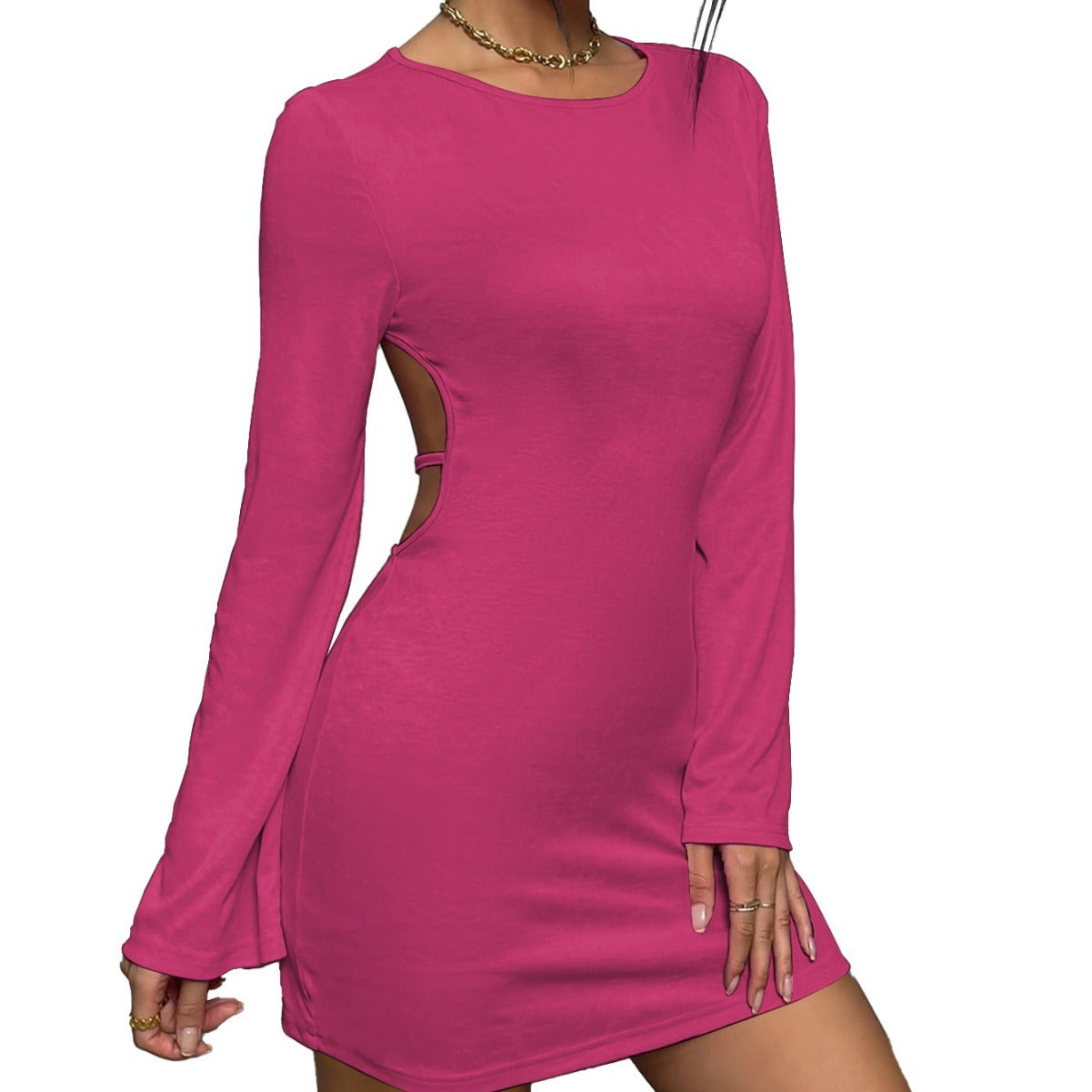 European And American Women's Clothing New Sexy Backless Round Neck Pullover Bell Sleeve Hip Skirt Long Sleeve Dress