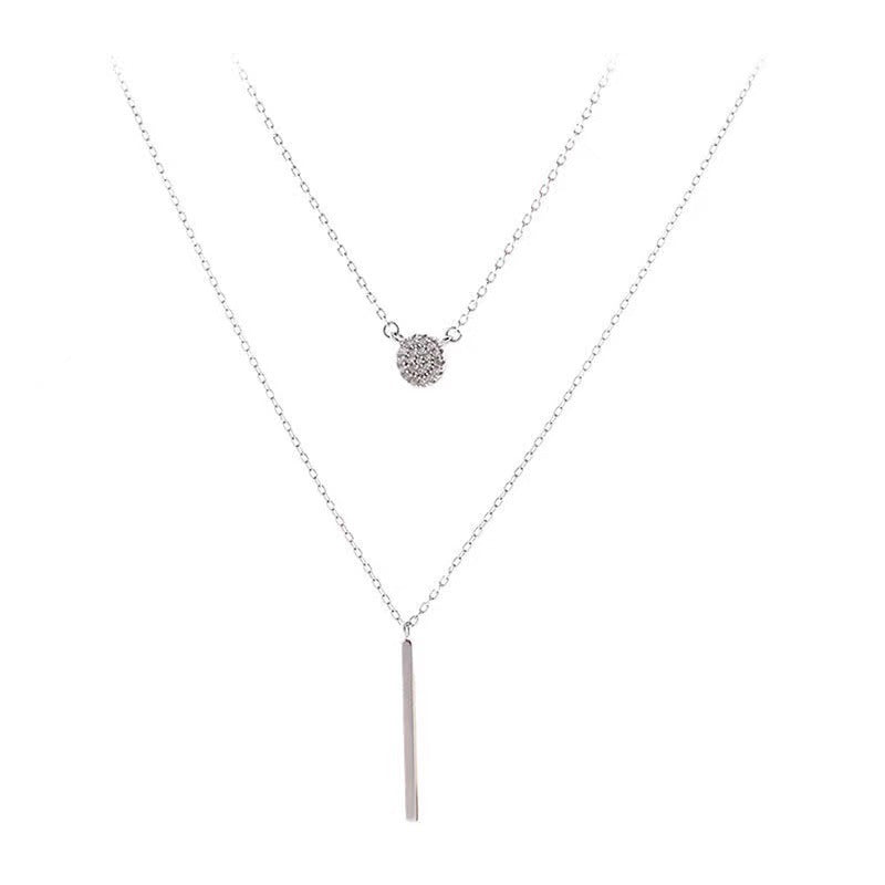 S925 Silver Color Double Chain Long Stick Micro Pave Zircon Round Pendant Necklaces