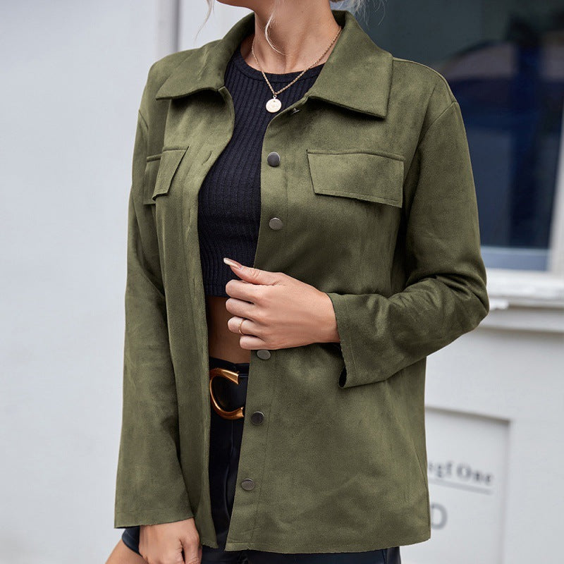 Casual Simple Single-breasted Pocket Deerskin Velvet Long-sleeved Shirt Jacket Coat