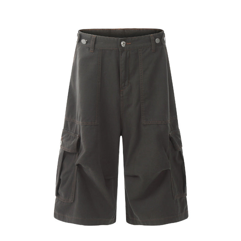 Khaki Wide Casual Shorts Workwear Three-dimensional Pocket