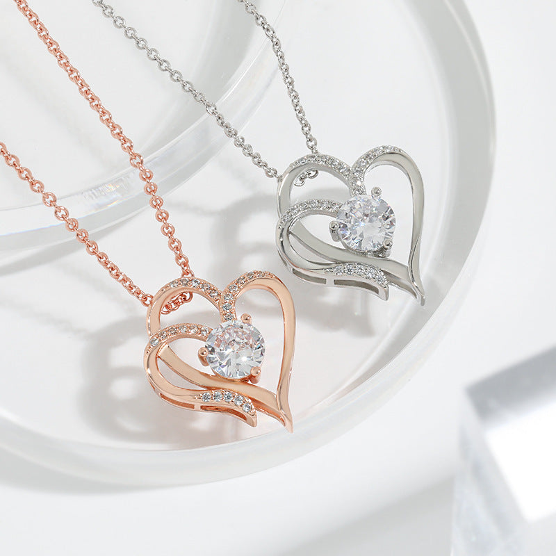 Zircon Double Love Necklace With Rhinestones Ins Personalized Heart-shaped Necklace Clavicle Chain