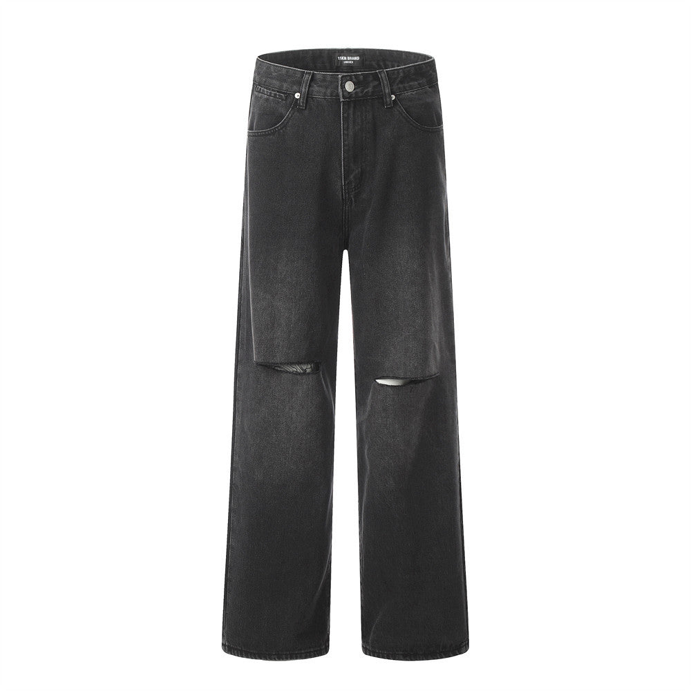 Fashion Holes Denim Straight-leg Pants Male