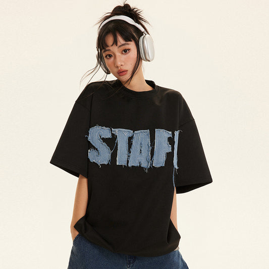 Letter Denim Patch Short Sleeve