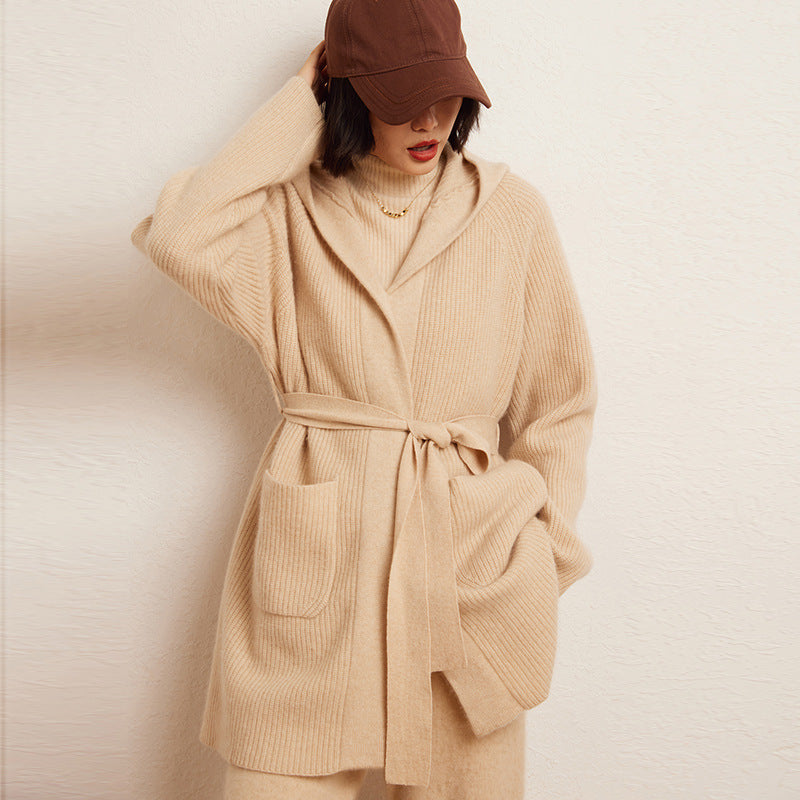 Cashmere Autumn And Winter Loose Hooded Double-sided Fashion Casual Knitted Cardigan Coat Coat