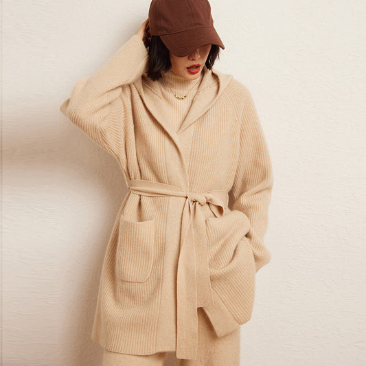 Cashmere Autumn And Winter Loose Hooded Double-sided Fashion Casual Knitted Cardigan Coat Coat