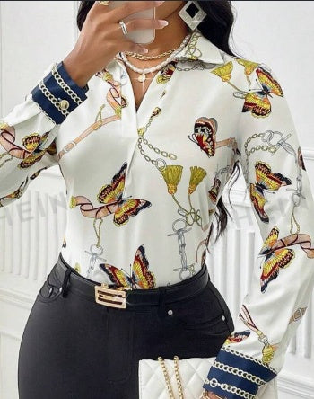 Women's Casual Butterfly Print Long Sleeve Shirt, Assorted Printsi