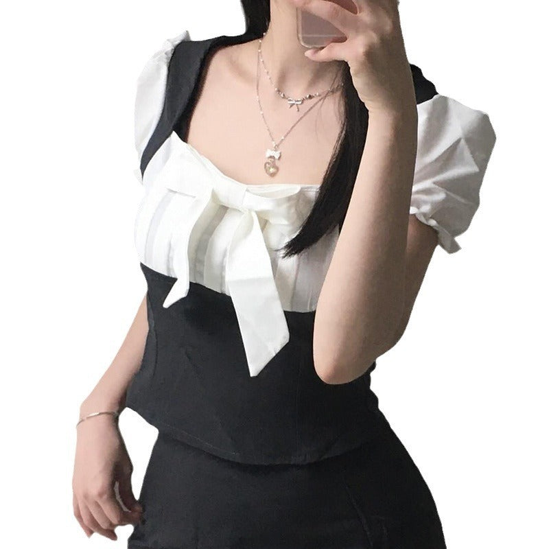 Women's Bow Stitching Puff Sleeve Top