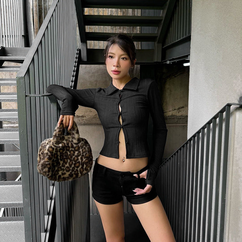 All-match Sunken Stripe Lapel Button Long-sleeved Top