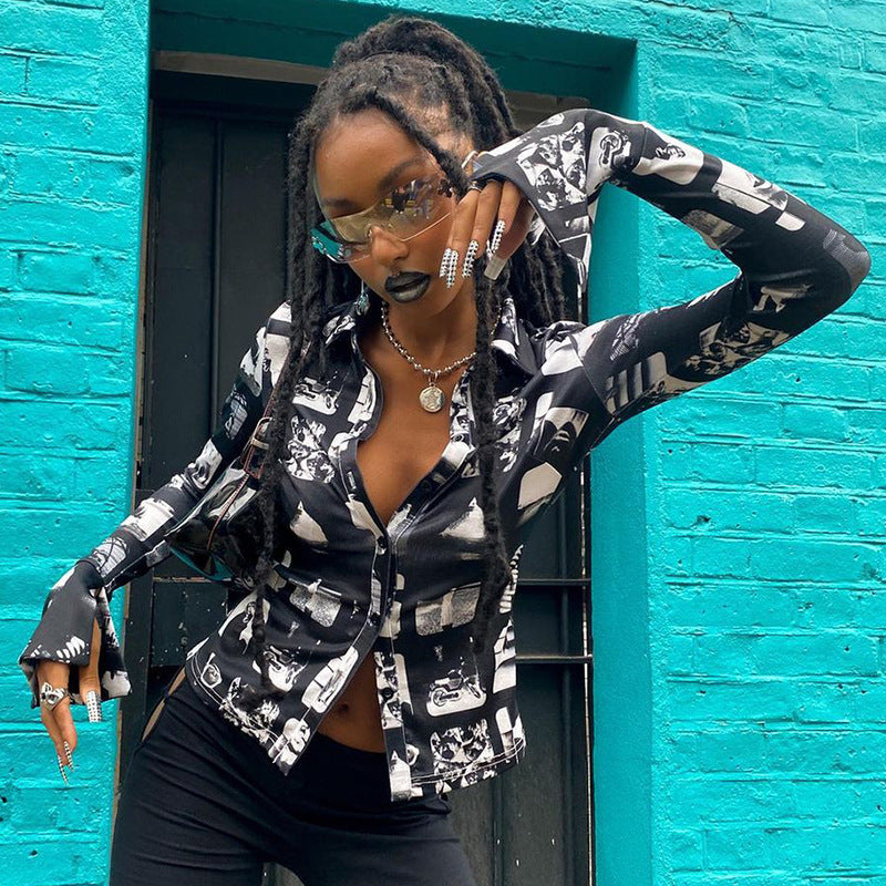 New Printed Lapel Cardigan Single-breasted Long-sleeved Casual Top Shirt