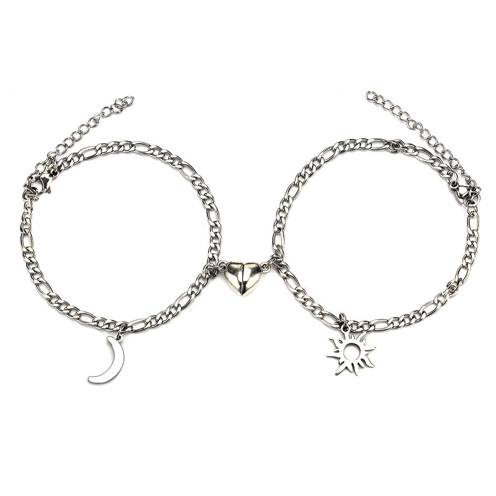 2Pcs Sun Moon Charm Magnet Attraction Stainless Steel Bracelets