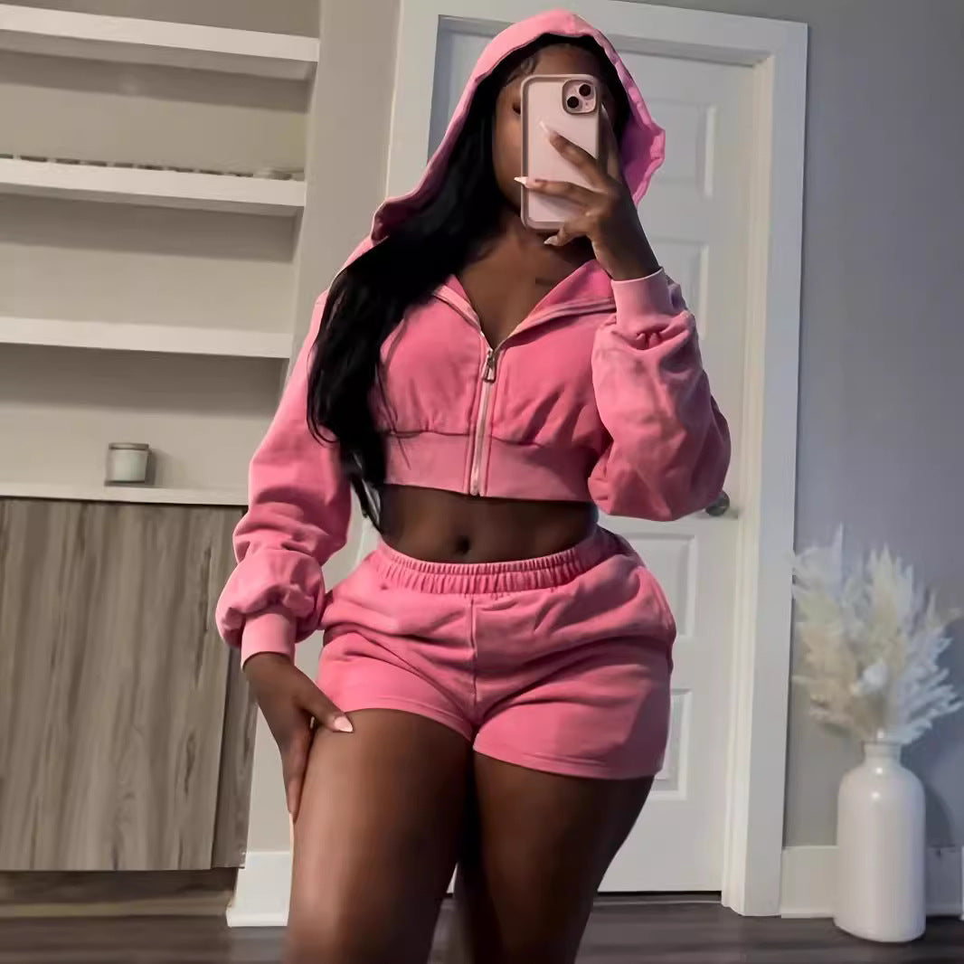 Autumn And Winter Zipper Hooded Long Sleeve Shorts Sweater Suit