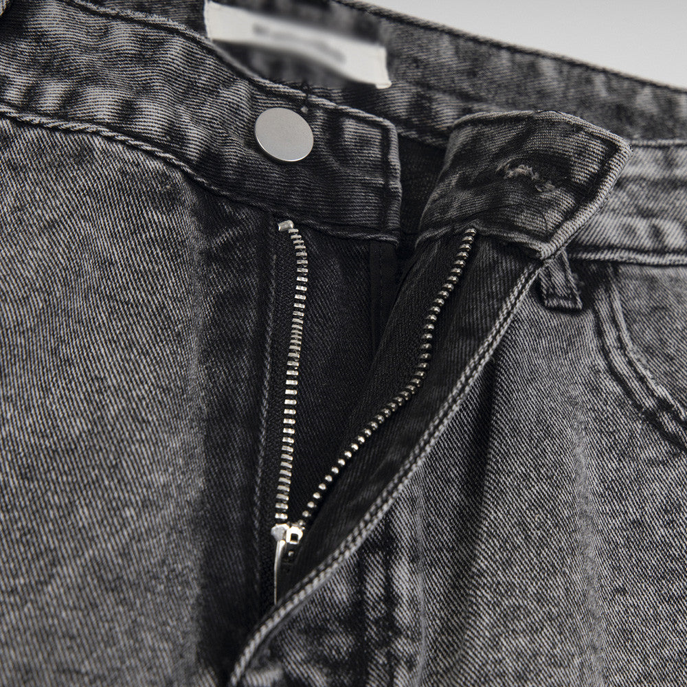 Heavy Industry Washed And Worn Denim Cargo Pants Retro Loose Wide Leg Straight Mop Trousers
