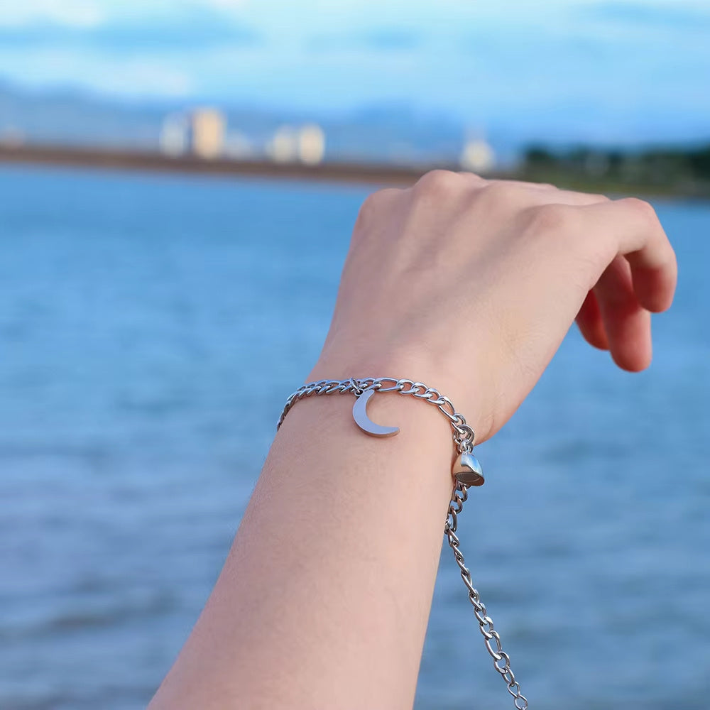 2Pcs Sun Moon Charm Magnet Attraction Stainless Steel Bracelets