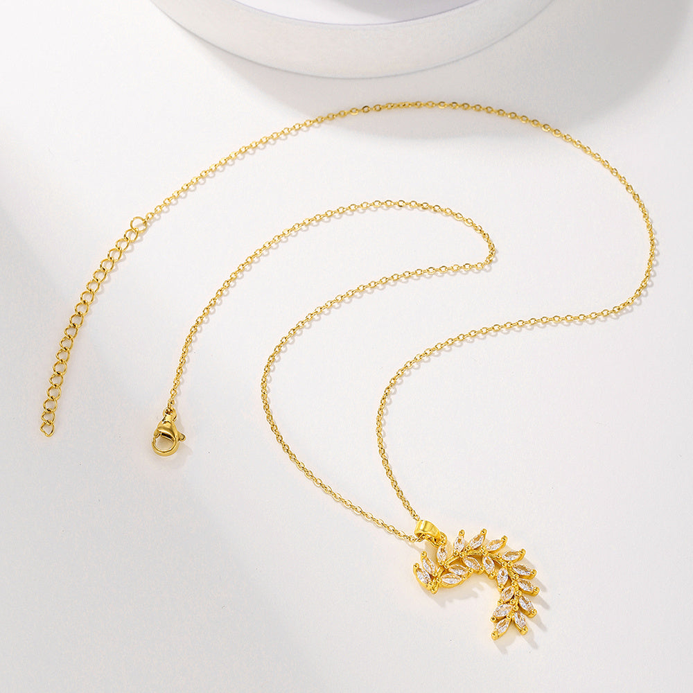 1pcsFashionable Sparkling Zircon Leaf Pendant Necklace, Imitation Diamond Wheat Ear Leaf Collarbone Chain