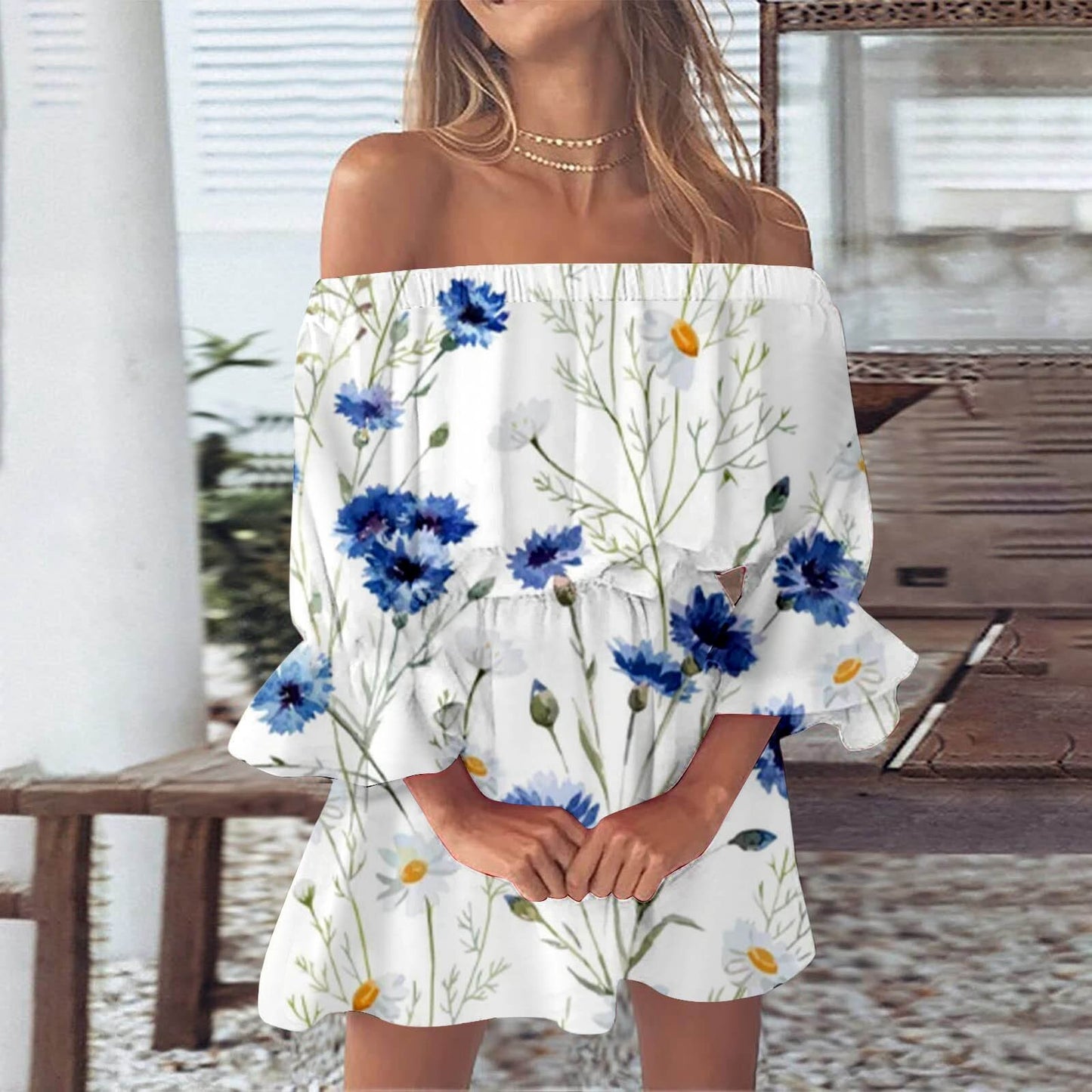 Women's One-word Shoulder Flared Sleeve Printed Dress