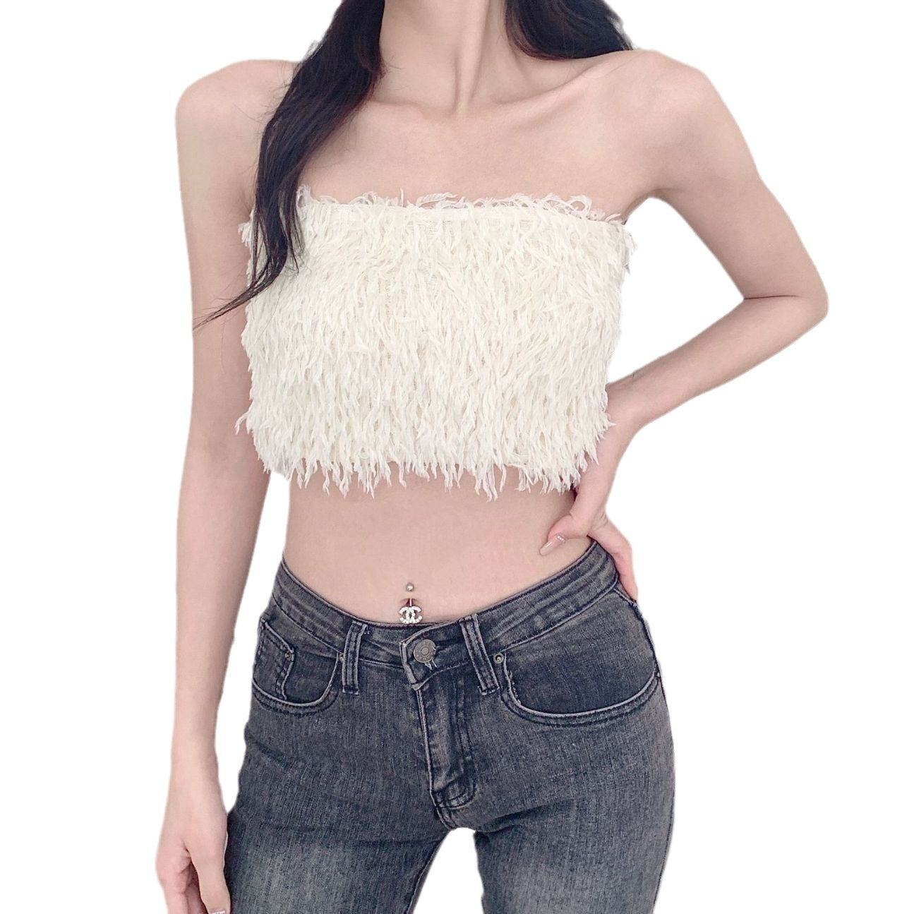 New Feather Tassel Tube Top Vest Internet Famous Sexy Word