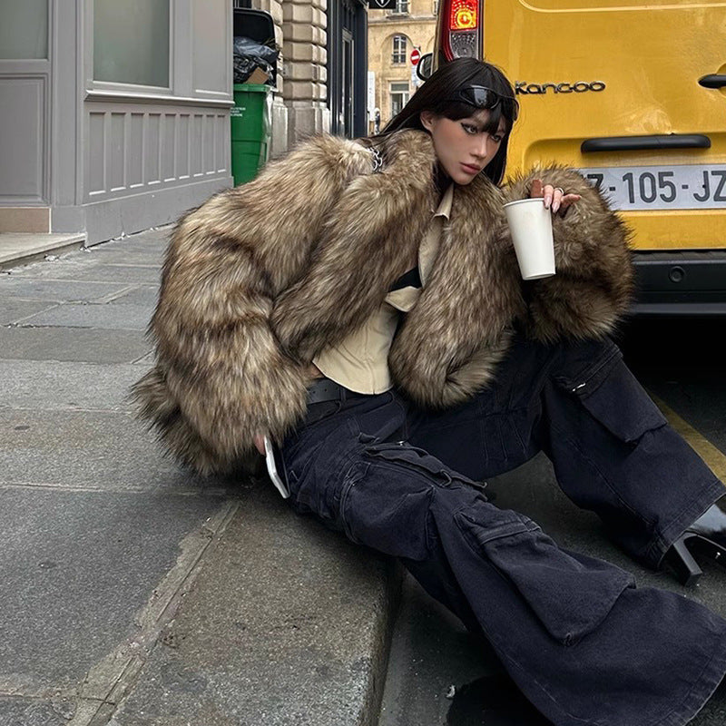 Women's Fur Coat Raccoon Fur Coat Brown Lapel Warm Furry Coat European And American Leisure