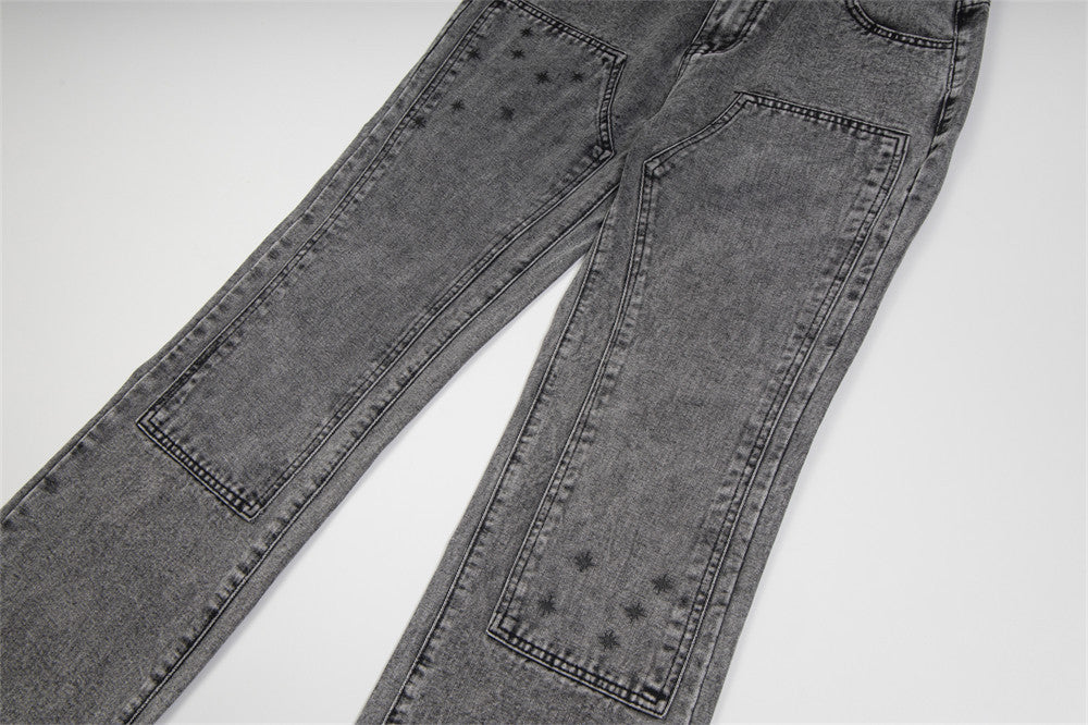 Heavy Industry Washed And Worn Denim Cargo Pants Retro Loose Wide Leg Straight Mop Trousers