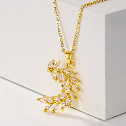 1pcsFashionable Sparkling Zircon Leaf Pendant Necklace, Imitation Diamond Wheat Ear Leaf Collarbone Chain