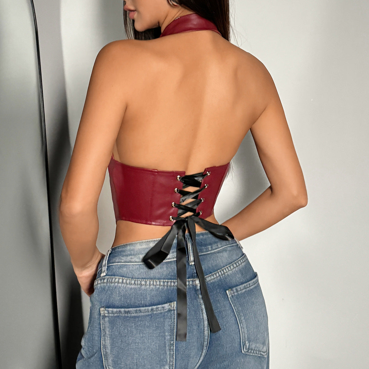 Women's PU Leather Halter Row Buckle Waist-controlled Top