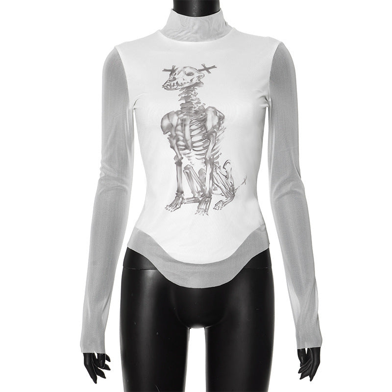 American Hipster Niche New Style Skull Print Mesh Stitching Long Sleeves Top