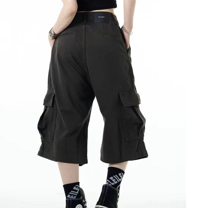 Khaki Wide Casual Shorts Workwear Three-dimensional Pocket