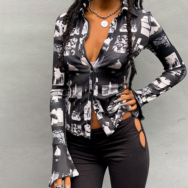 New Printed Lapel Cardigan Single-breasted Long-sleeved Casual Top Shirt