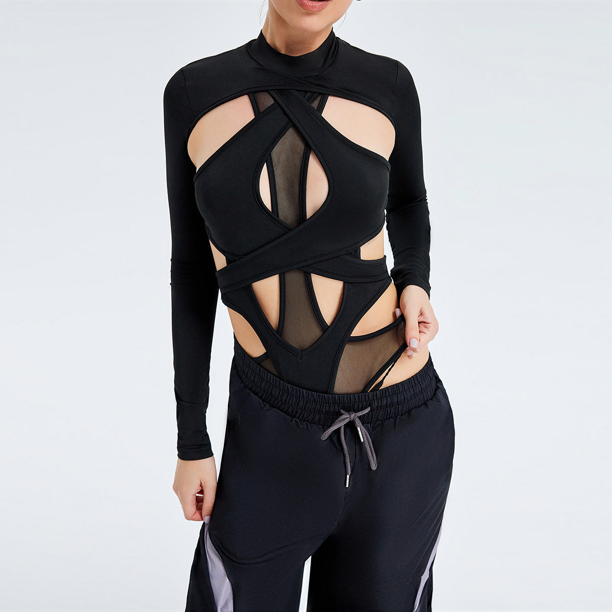 INS Cross -hollow Design Sensor Back Tight Solid Color High -necked Long -sleeved Long -sleeved Jacket