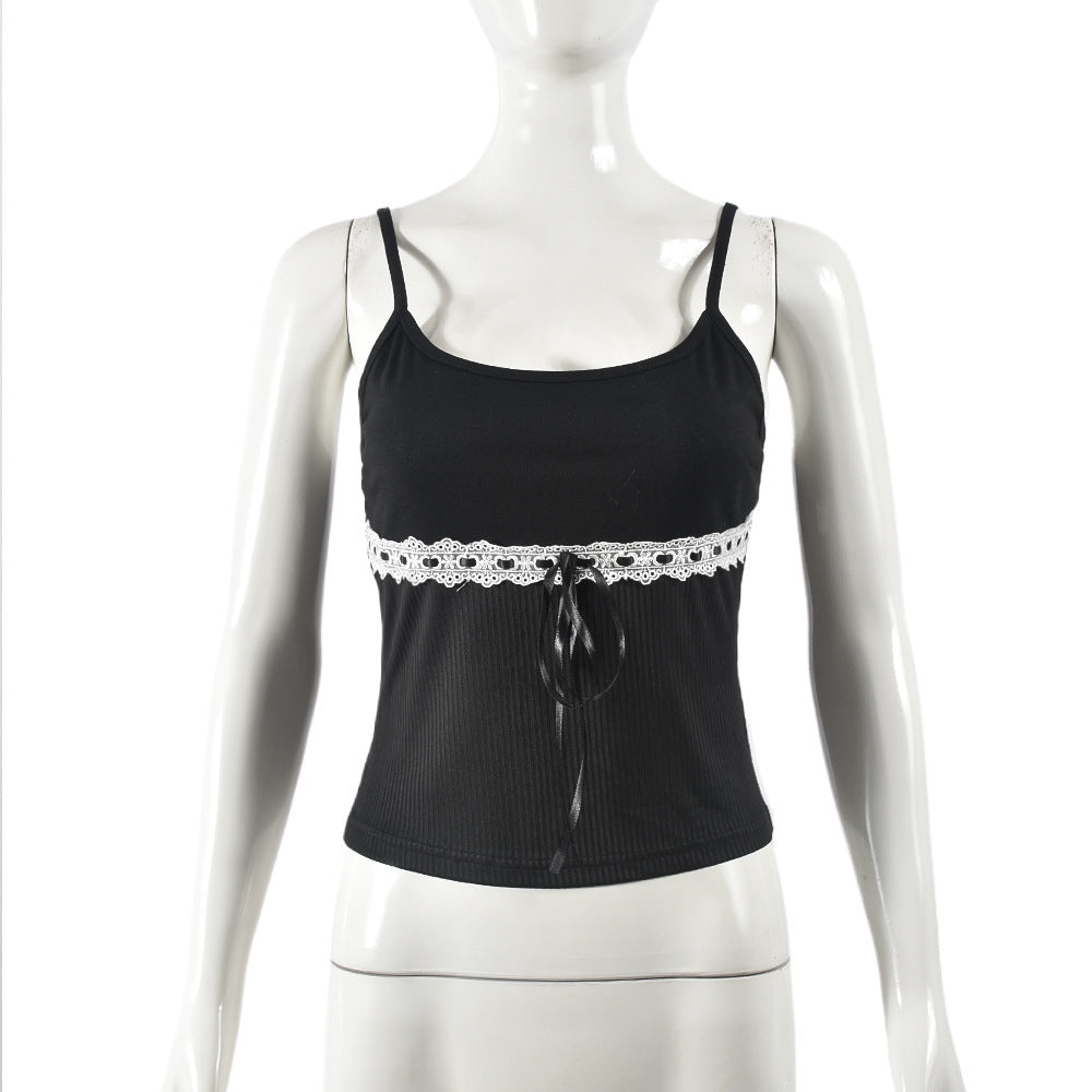 Color Contrast Patchwork Navel Lace-up European And American Strap Top