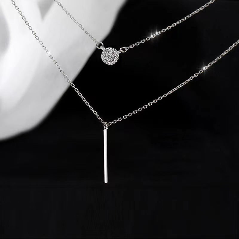 S925 Silver Color Double Chain Long Stick Micro Pave Zircon Round Pendant Necklaces