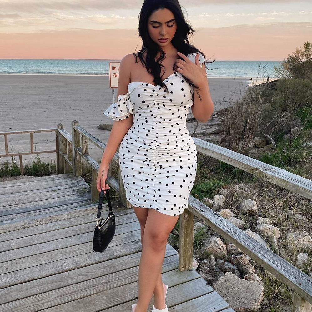 Polka-dot pleated strapless short skirt