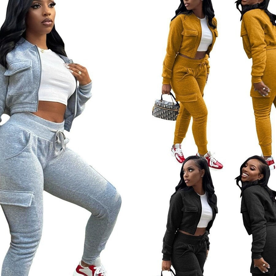 European And American Women's Clothing Thread Patchwork Sweater Fleece Work Pants Leisure Sports Two-piece Set