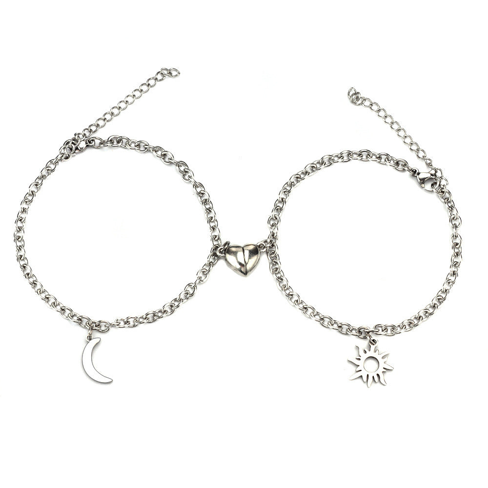 2Pcs Sun Moon Charm Magnet Attraction Stainless Steel Bracelets