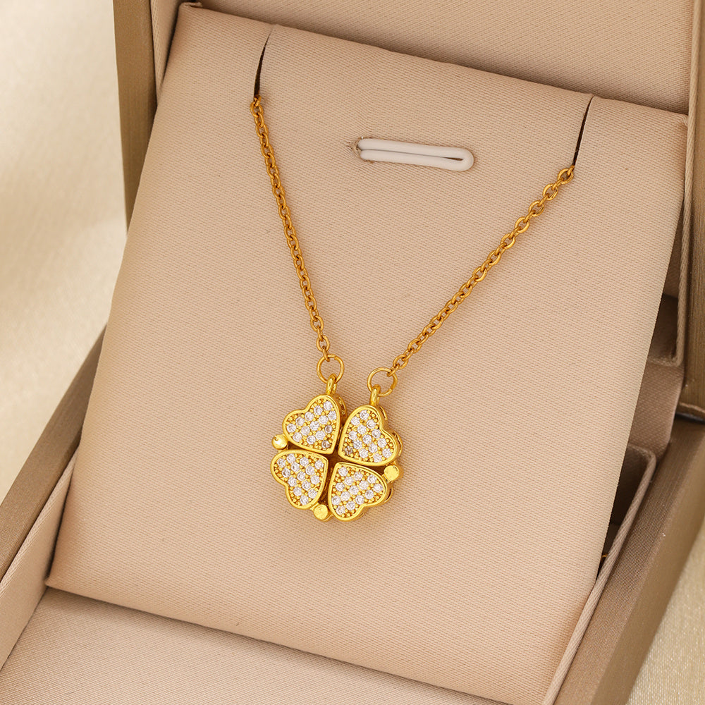 1pcs Fashionable Zircon Heart-shaped Necklace With A Magnetic Folding Four Leaf Heart-shaped Connection