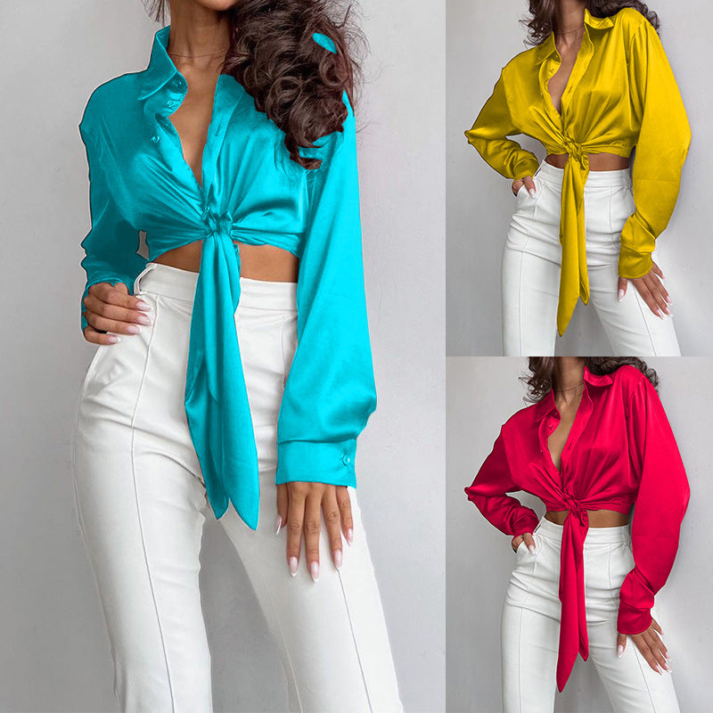 Long Sleeve Midriff-baring Shirt Women's Cropped Top