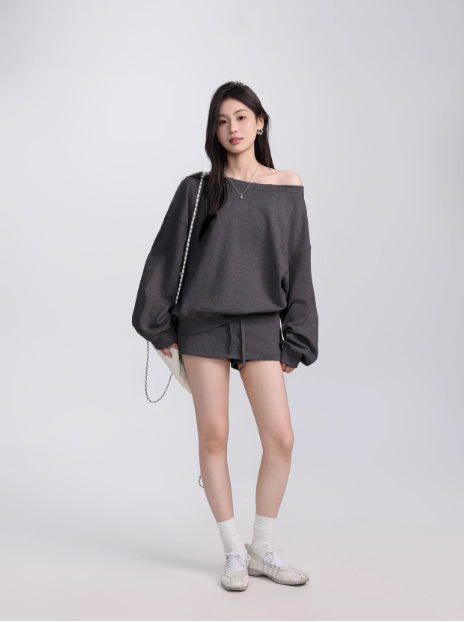 Early Autumn Slant Shoulder Long Sleeve Sweater Slimming Skirt Pants